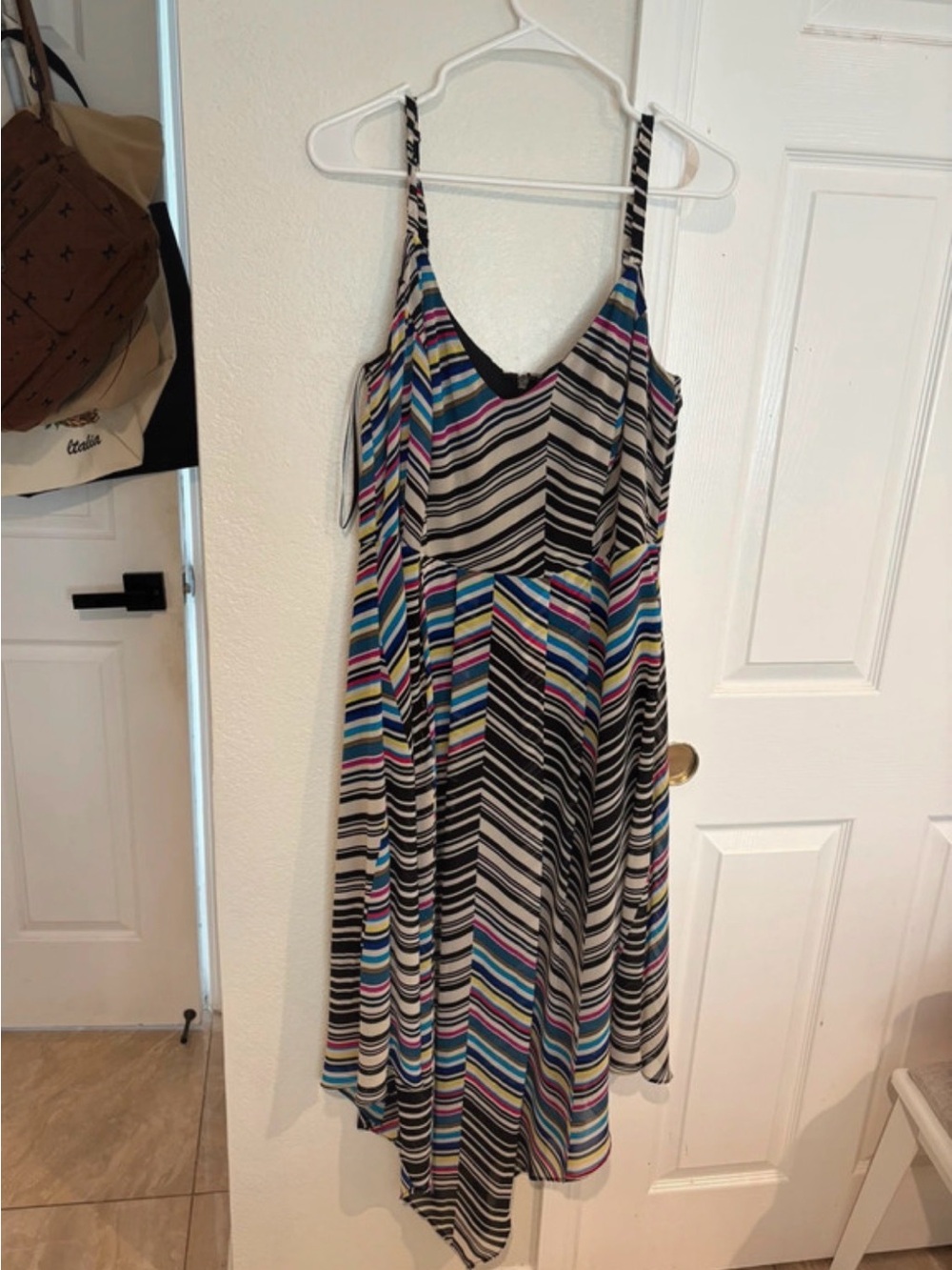 City Chic Black and Multicolor Striped Asymmetrical Slip Dress